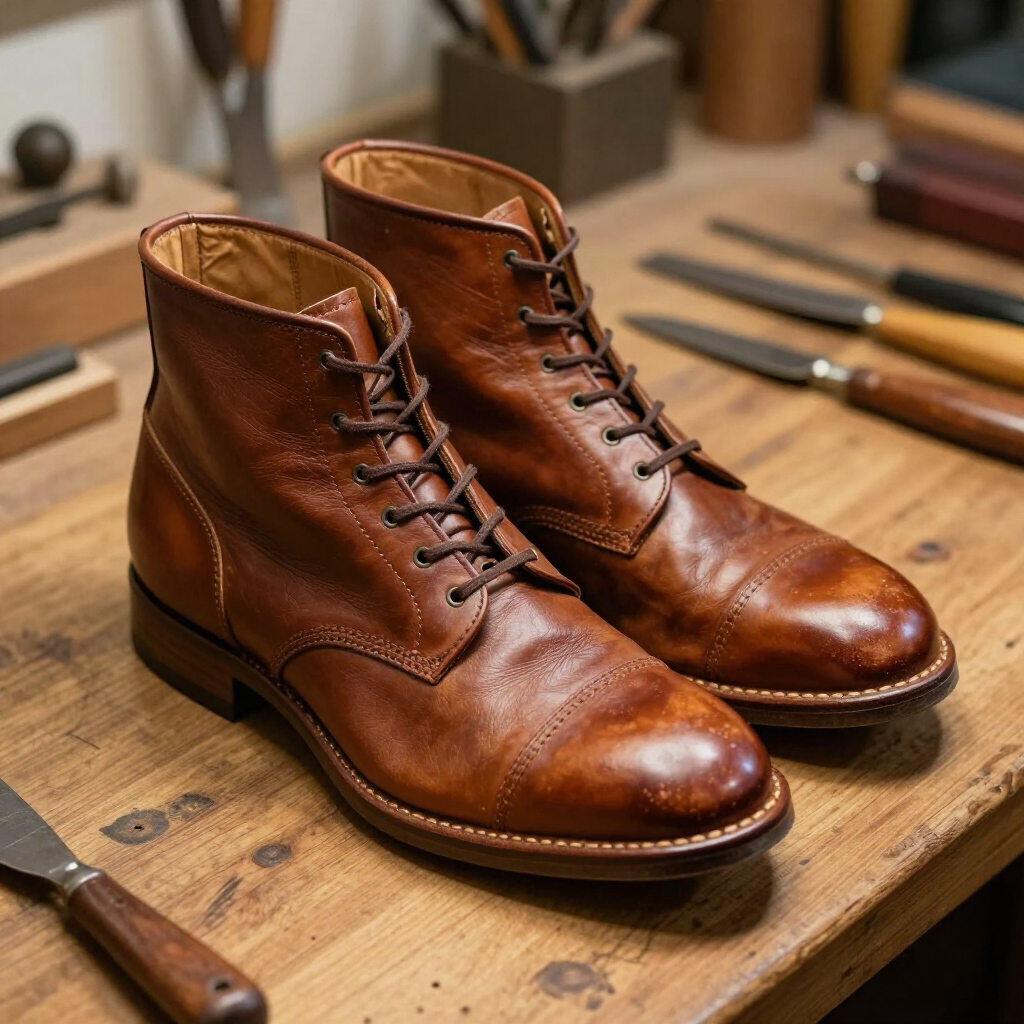 Botines de cuero marrón sobre un banco de trabajo de madera con herramientas cerca.