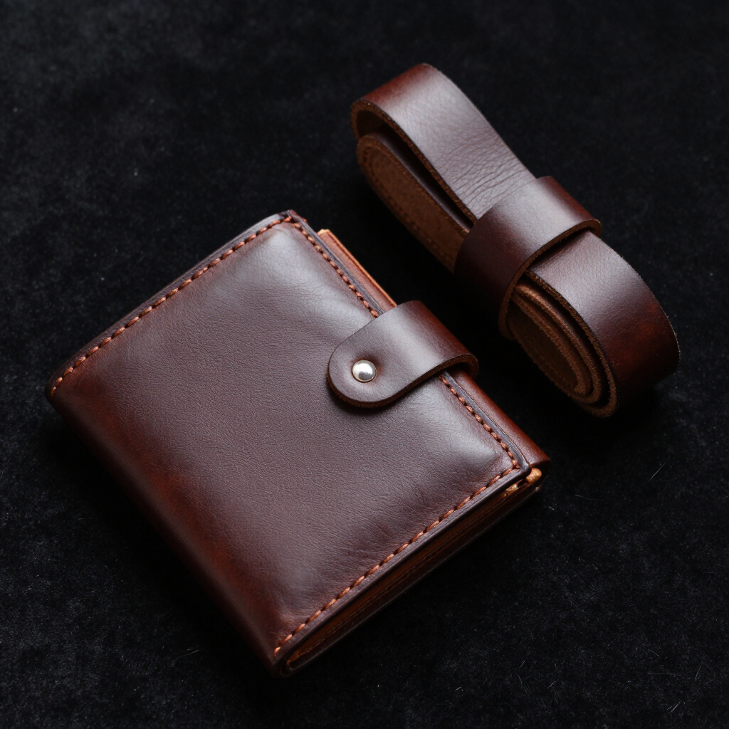 Cartera de cuero marrón y cinturón enrollado a juego sobre un fondo oscuro.