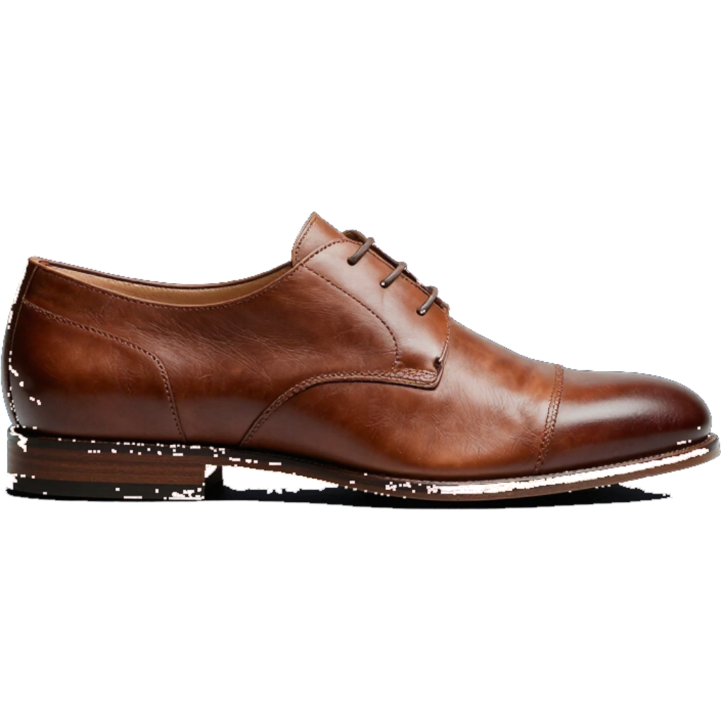 Zapato de vestir Oxford de cuero marrón con cordones, vista lateral sobre fondo blanco.