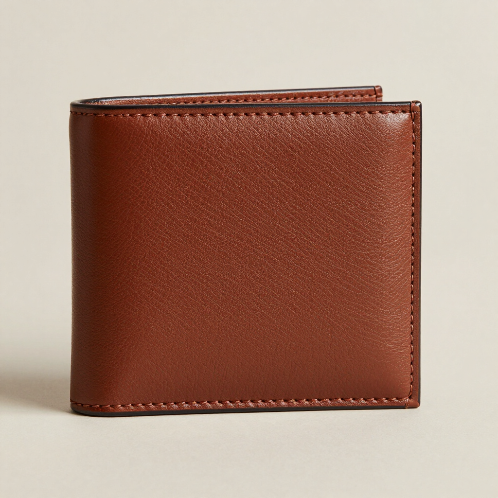 Cartera plegable de cuero marrón sobre fondo claro