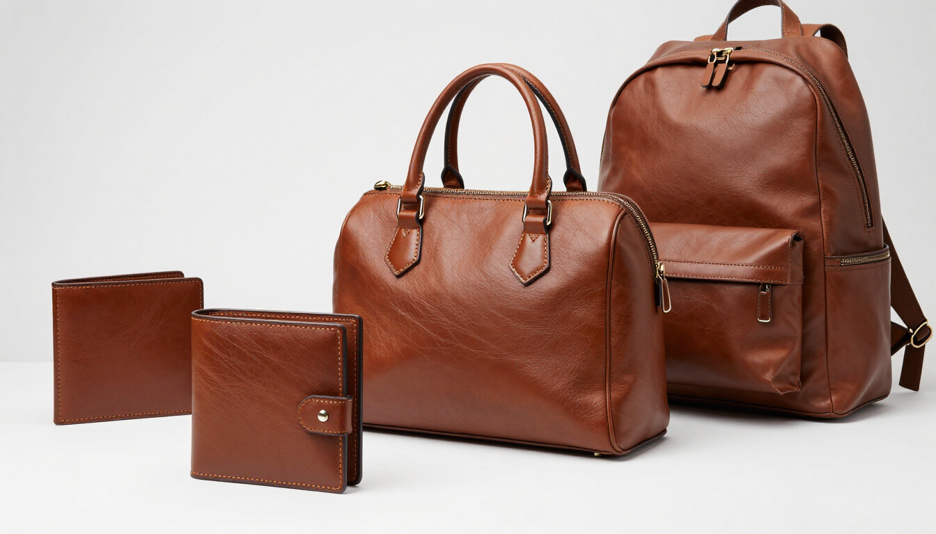 Bolso, mochila y cartera de cuero marrón sobre fondo blanco.