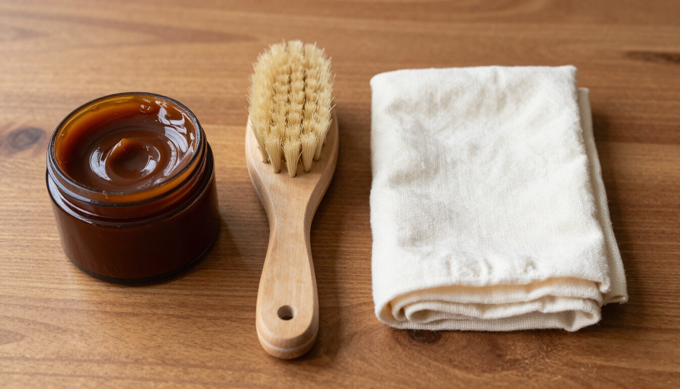 Un tarro de crema color ámbar, un pincel de madera y un paño blanco doblado sobre una superficie de madera.