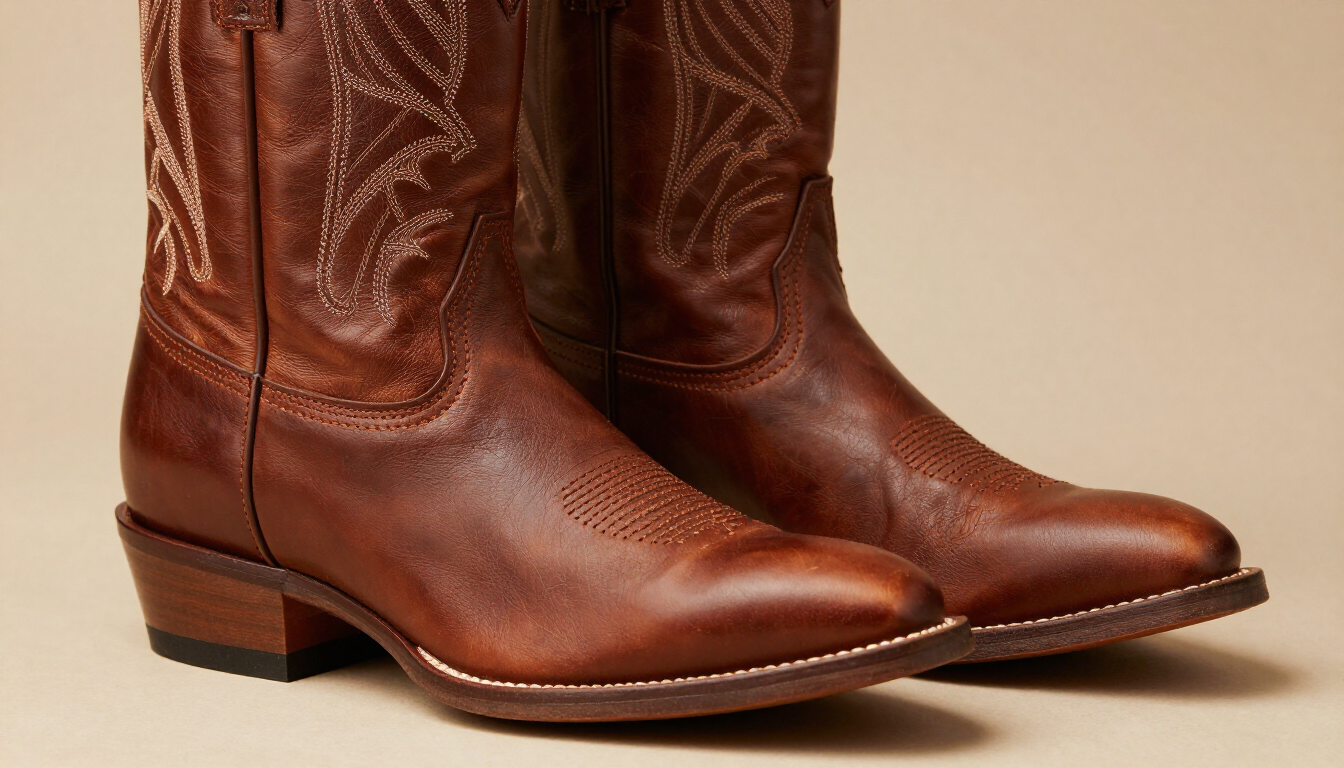 Botas vaqueras de cuero marrón sobre un fondo beige