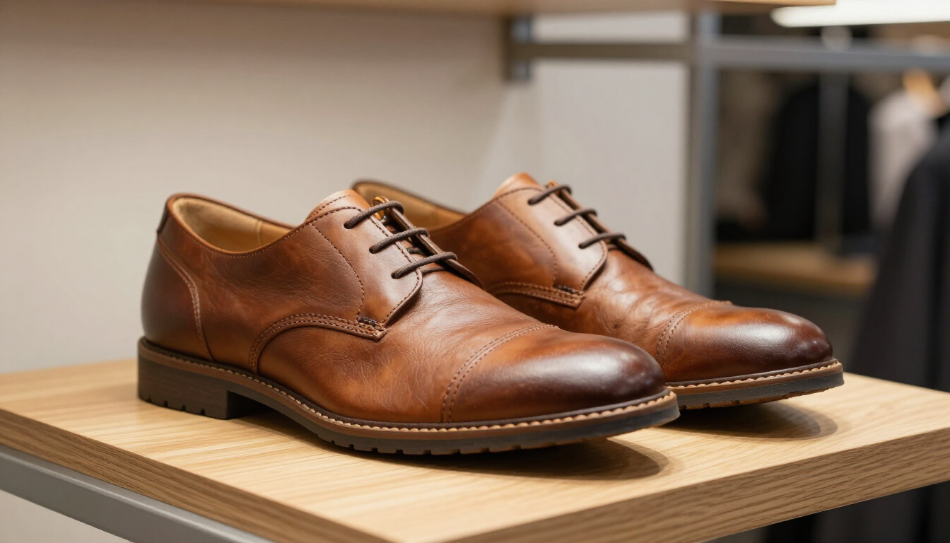 Zapatos de vestir de cuero marrón sobre una mesa de madera, un par delante y otro par detrás.