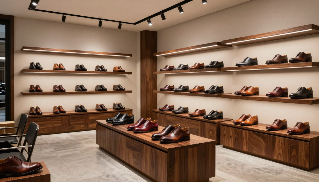 Interior de una zapatería con filas de zapatos expuestos en estantes y mesas de madera bajo iluminación de riel.