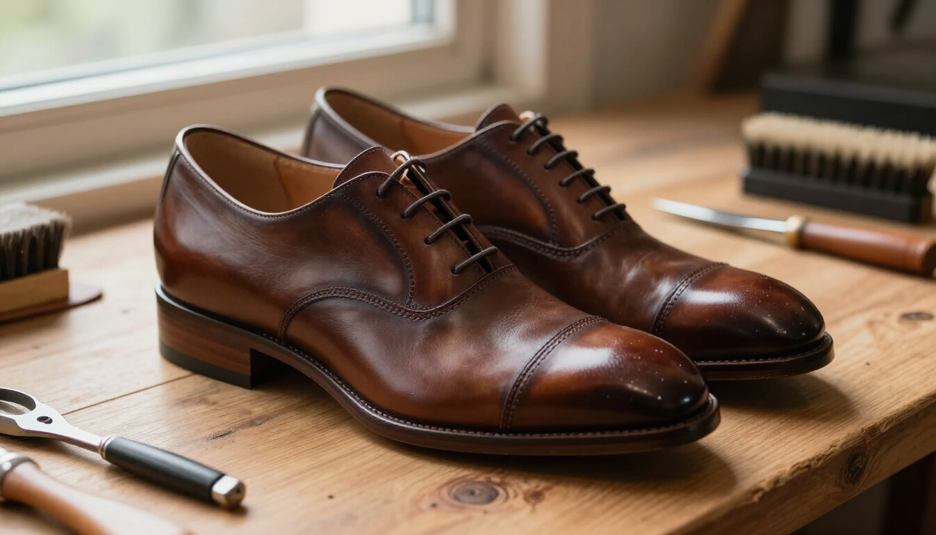Zapatos de vestir de cuero marrón sobre un escritorio de madera cerca de un bolígrafo y un cuaderno junto a una ventana.