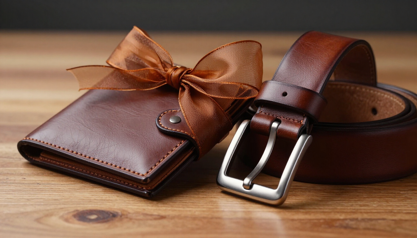 Cartera y cinturón de cuero marrón atados con una cinta sobre una mesa de madera