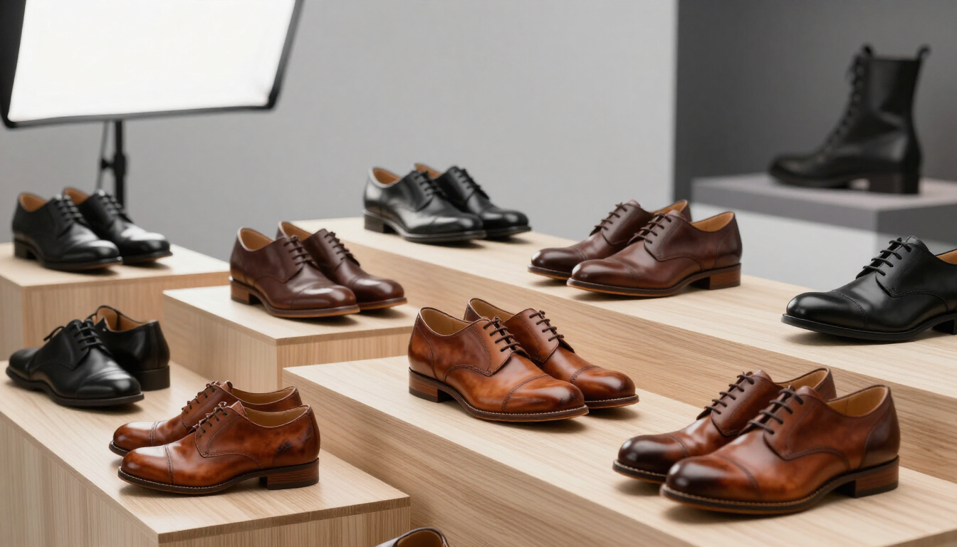 Exposición de zapatos de vestir para hombre surtidos sobre pedestales de madera en una sala de exposición.
