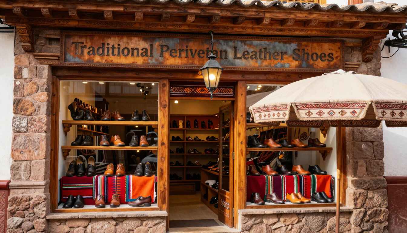 Zapatería tradicional de cuero con zapatos coloridos expuestos en un escaparate de madera