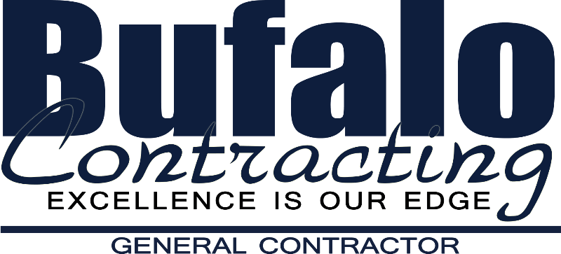 Logo for Bufalo Contracting, dark blue font on white background. "Contracting" is cursive. "Excellence is our edge". "General Contractor".