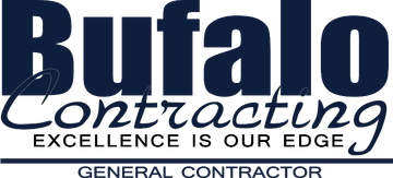Logo for Bufalo Contracting, dark blue font on white background. "Contracting" is cursive. "Excellence is our edge". "General Contractor".