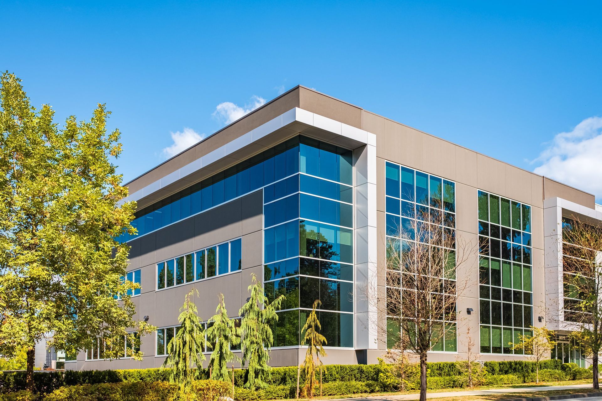 Modern office building with large glass windows reflecting a blue sky, framed by green trees.