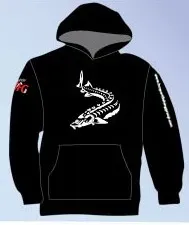 A black hoodie with a white fish on it.