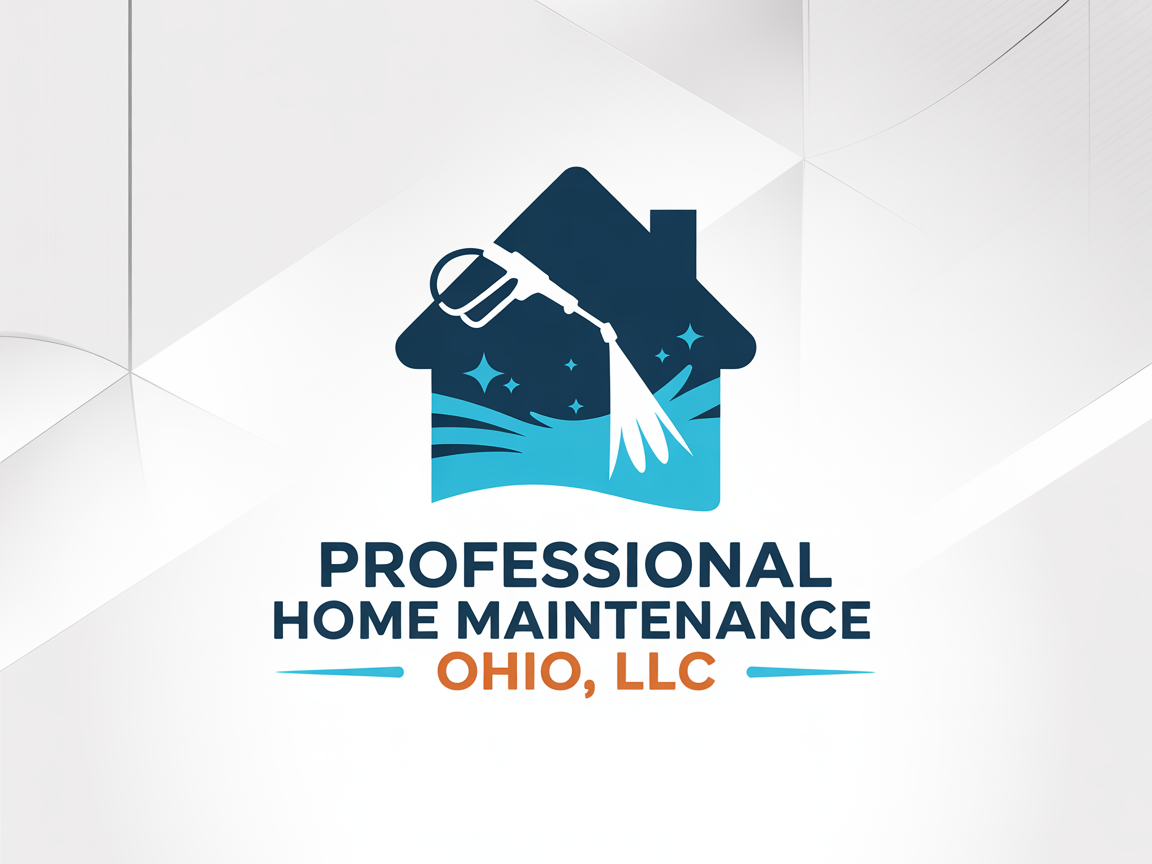Logo for Professional Home Maintenance Ohio, LLC, featuring a dark blue house outline with a pressure washer spraying water.