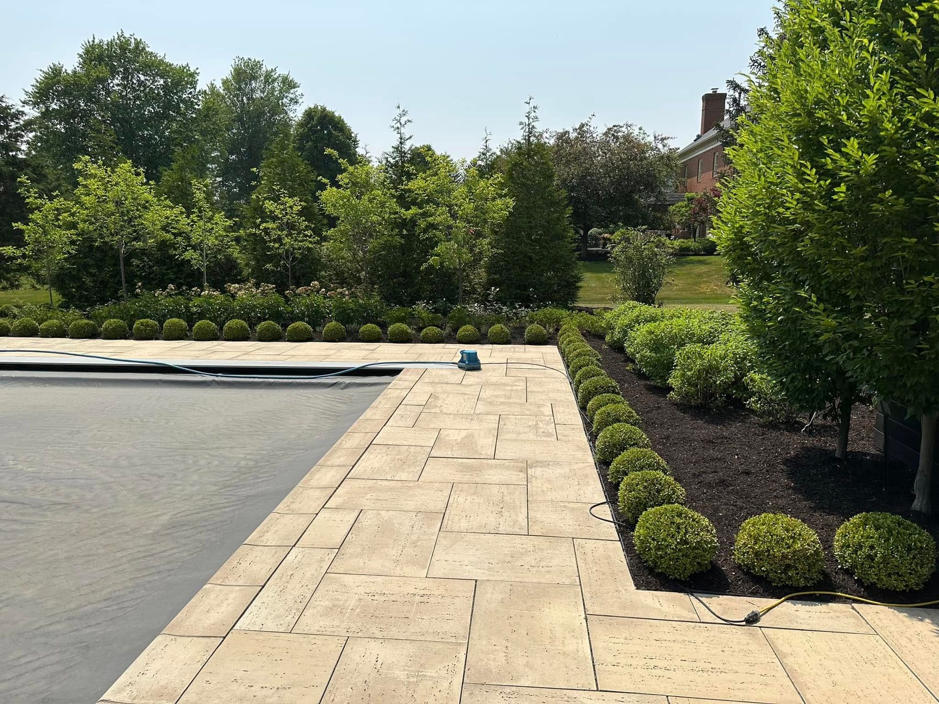 Landscaped driveway with stone paving, trimmed shrubs, and trees in bright sunlight