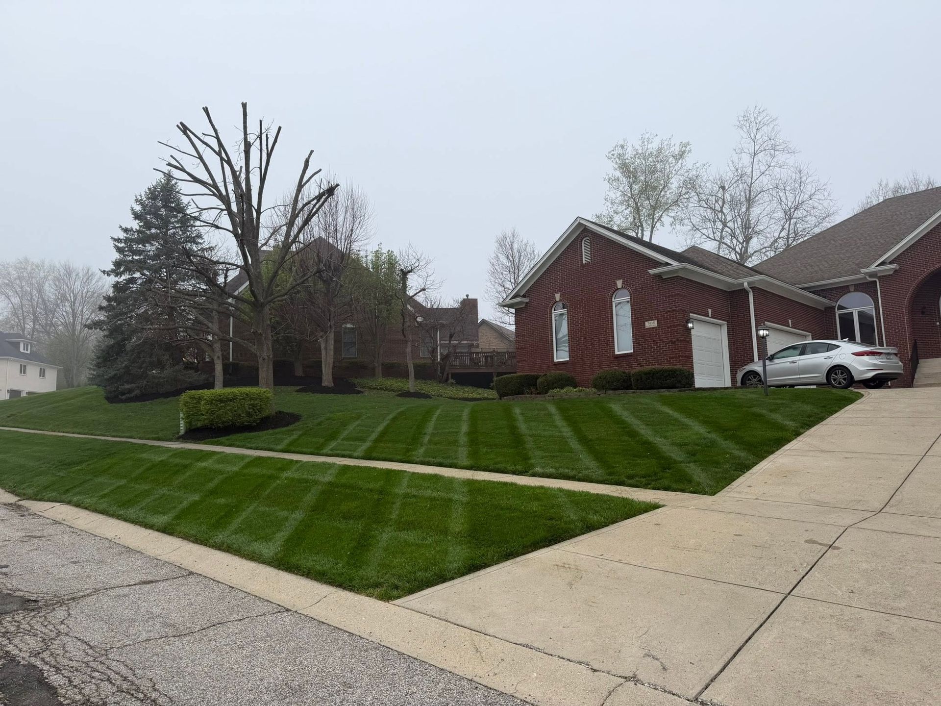 Brick house on a sloped lawn with striped grass and a driveway, under an overcast sky