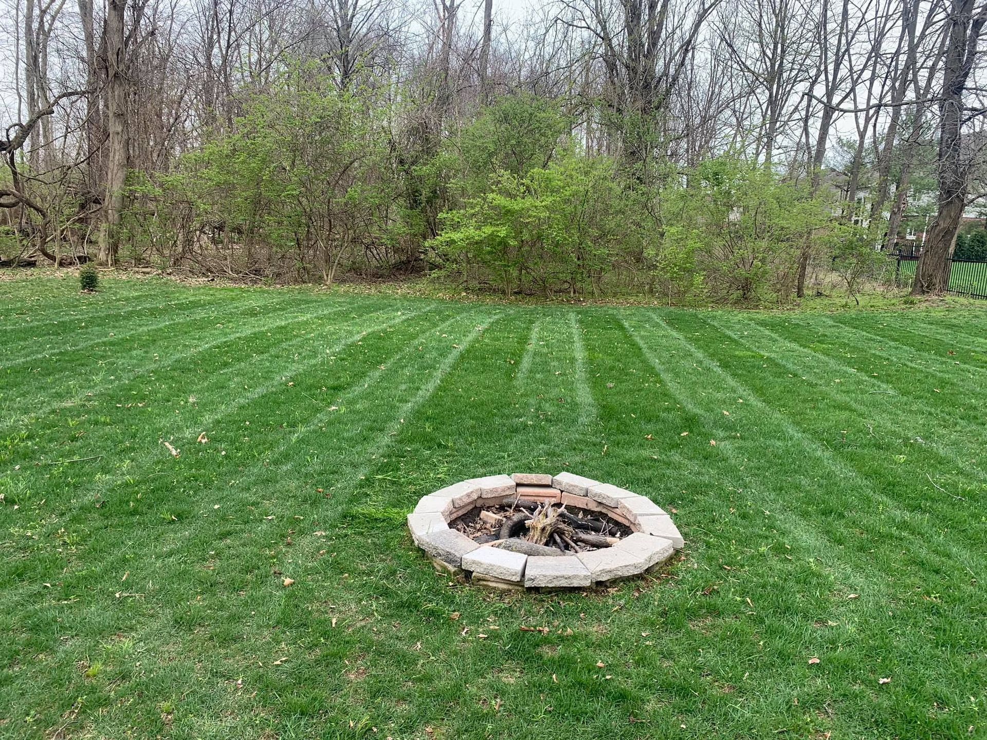 Backyard lawn with a circular stone fire pit and wooded trees in the background