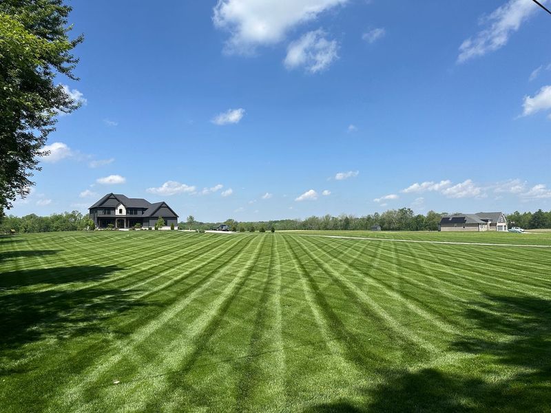 Wide mowed green lawn with striped lines, a dark house on the left, and blue sky with scattered clouds.