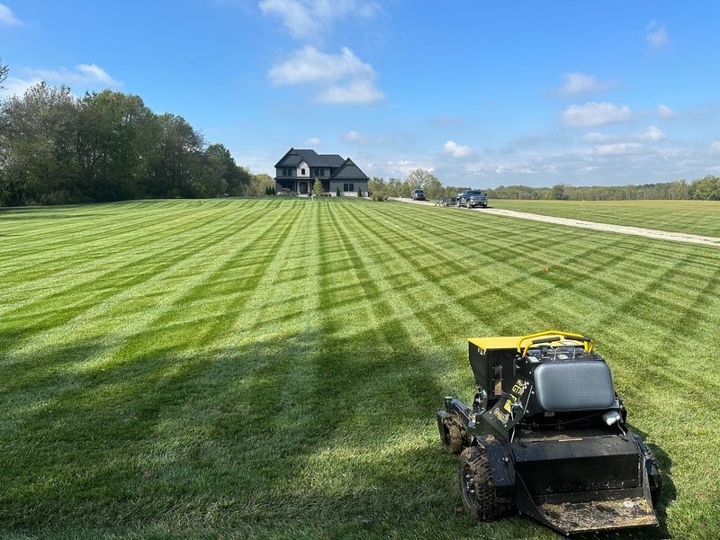 Striped lawn with a yellow mower in the foreground and a house in the distance under a blue sky