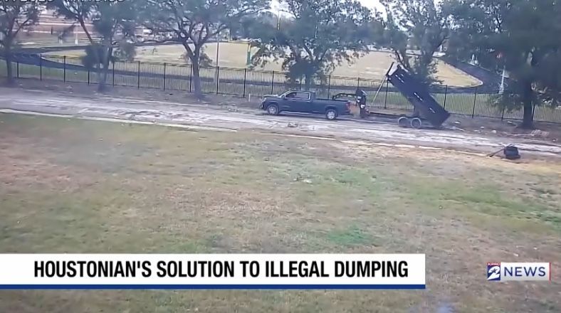 Houston news screenshot about illegal dumping and a trailer dumping debris