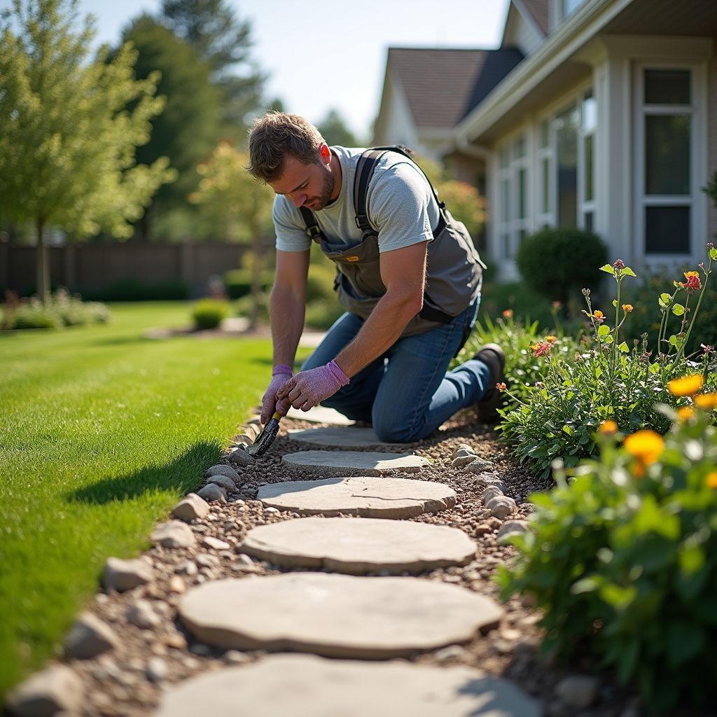 Man kneeling on stone path, gardening near a house.