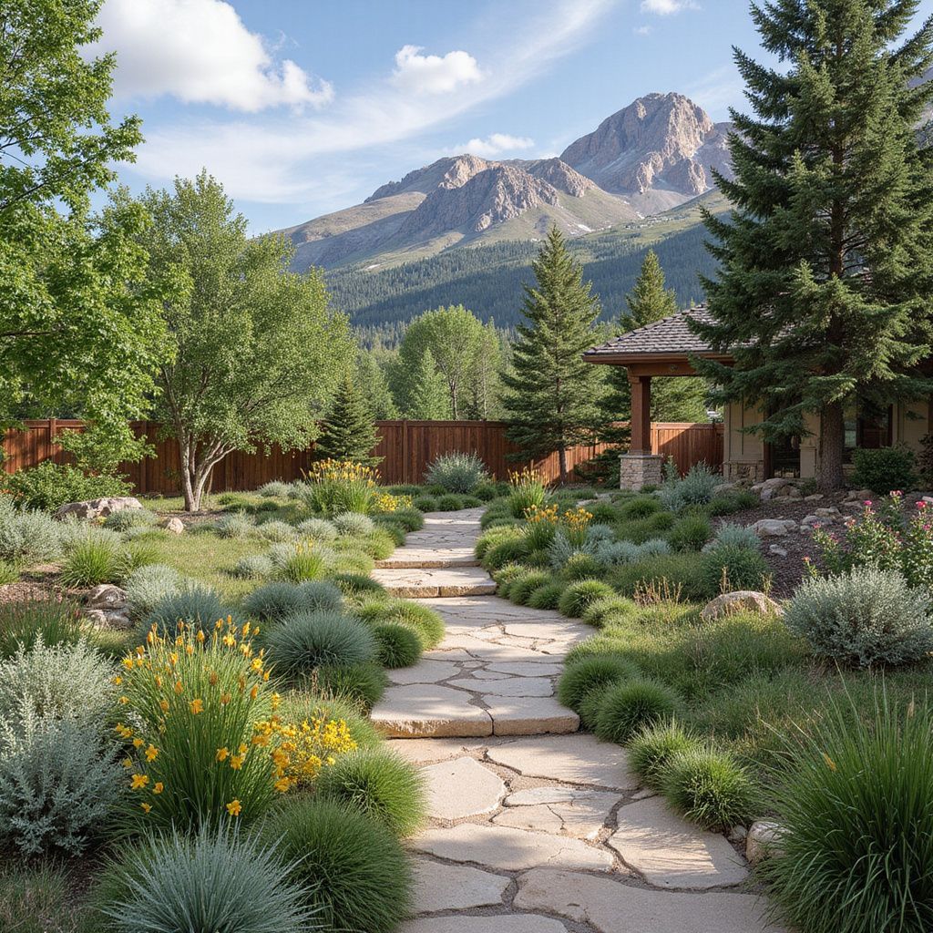Stone path leads through garden with mountain backdrop, trees, and yellow flowers.