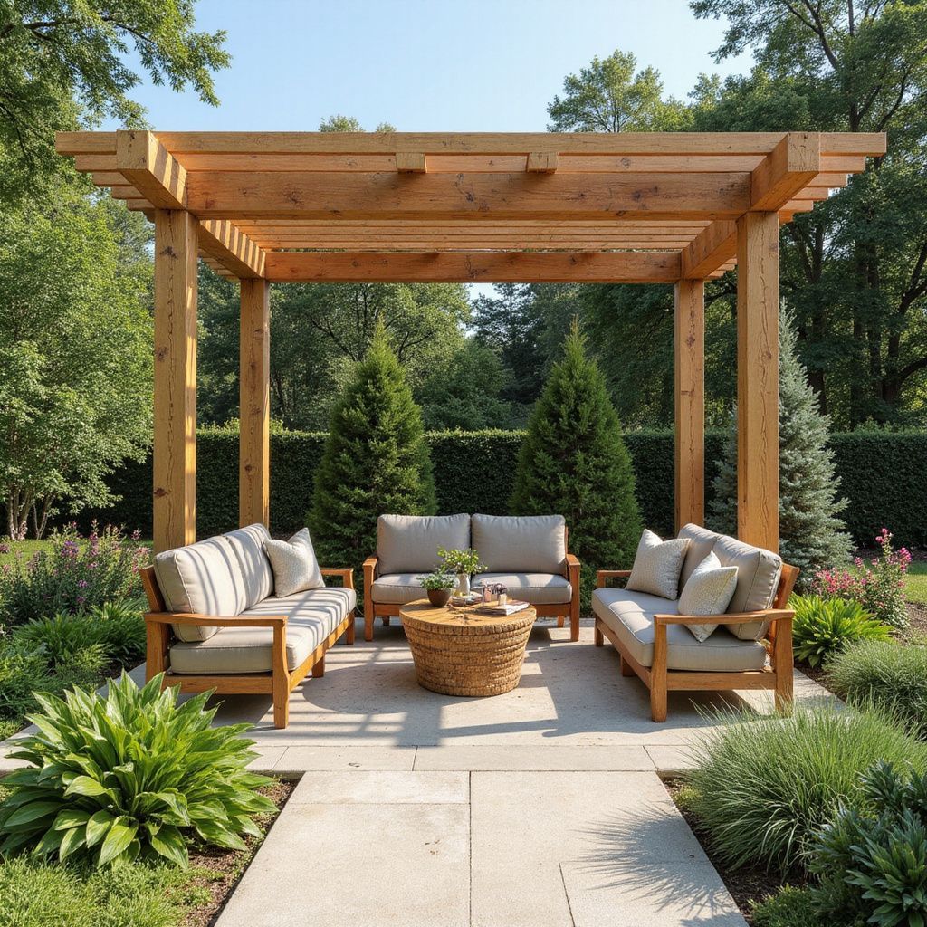 Wooden pergola with outdoor seating, in a lush garden setting.