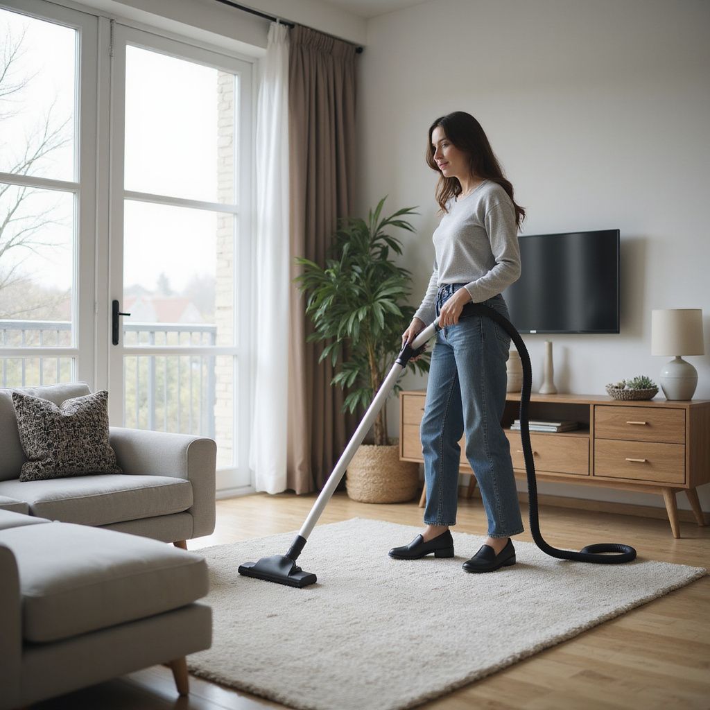 Woman vacuuming a light-colored rug in a living room. She wears jeans and a gray shirt.