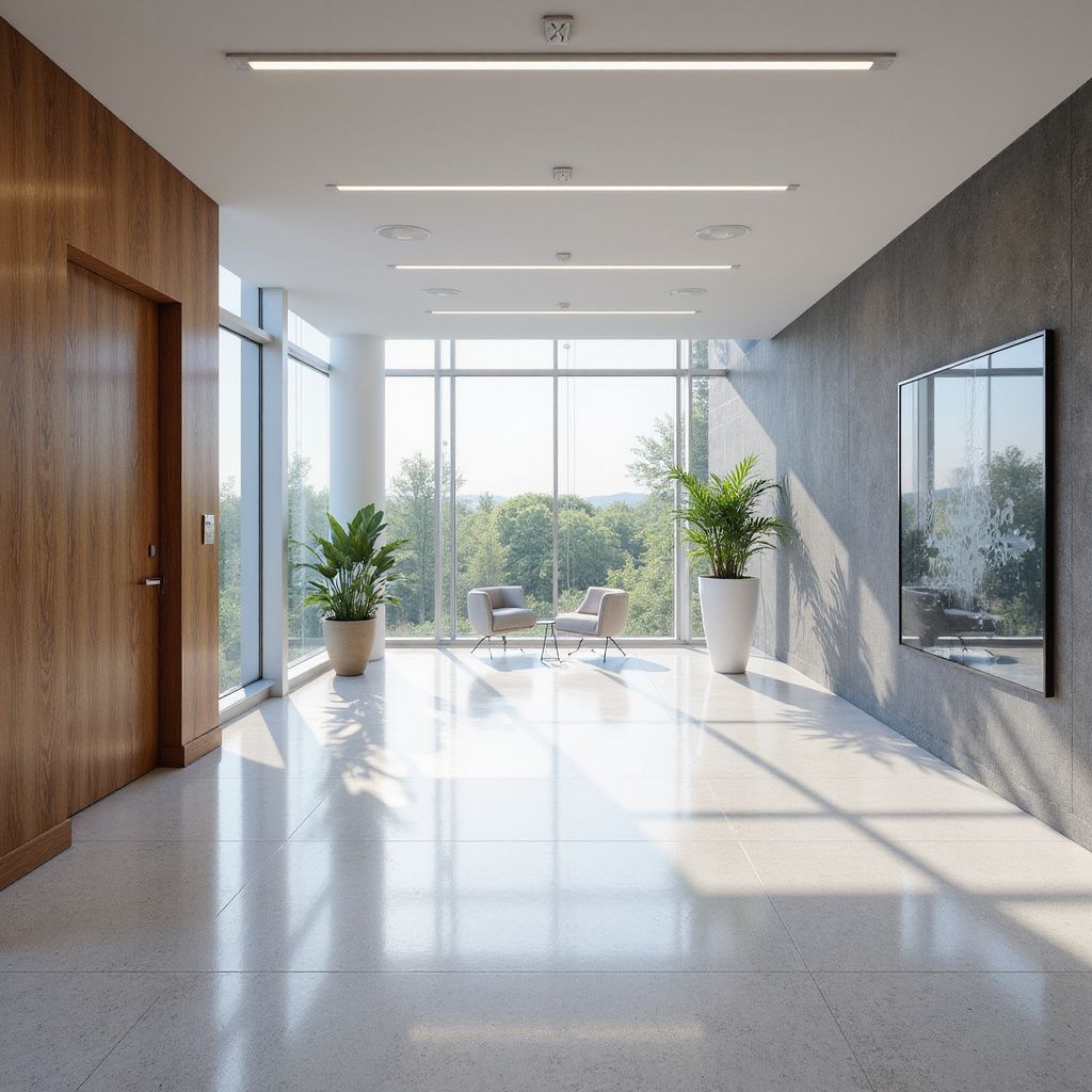 Hallway with glossy floor, large windows, plants, and a waiting area.