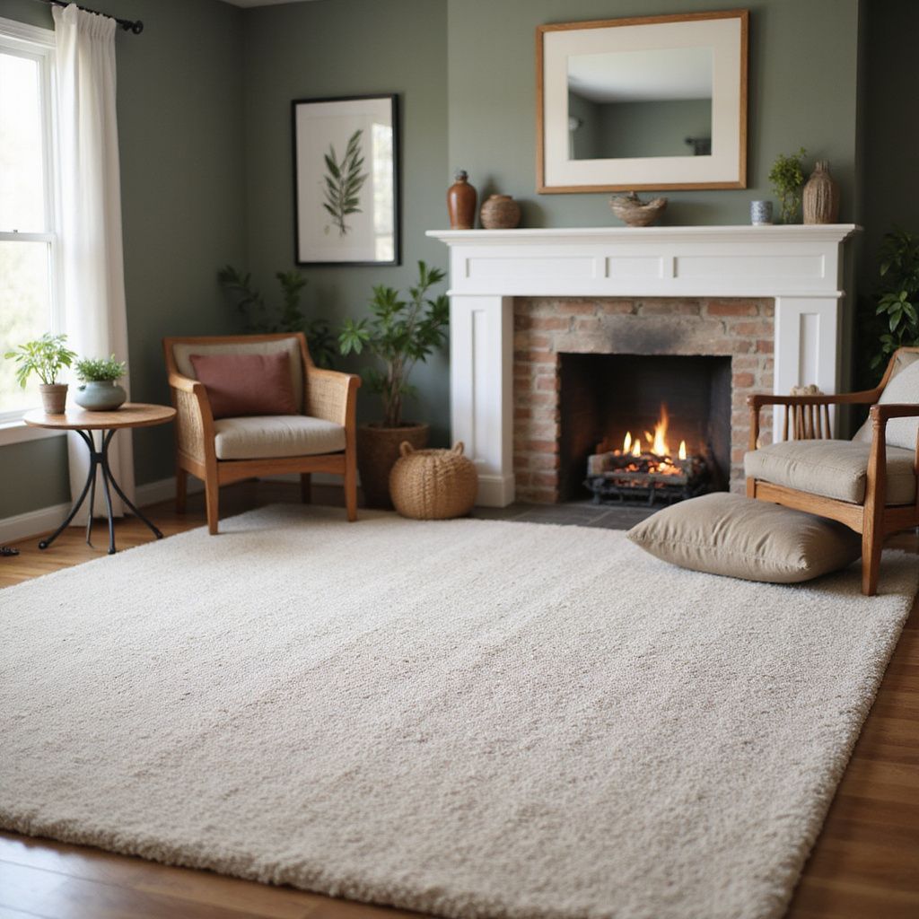 Cozy living room with a fireplace, two armchairs, and a cream-colored rug.