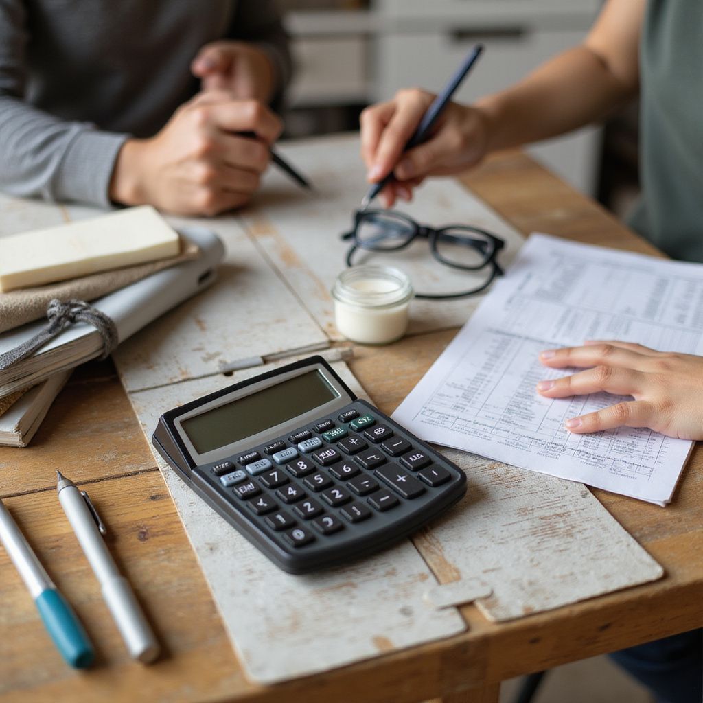 Two people reviewing documents at a table with a calculator, pens, and glasses.