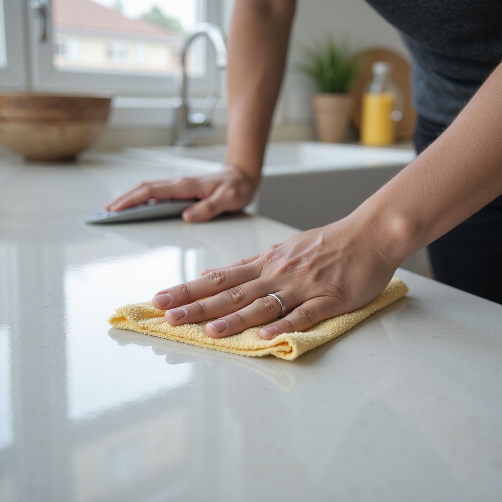 Person cleaning a white countertop with a yellow cloth in a kitchen.