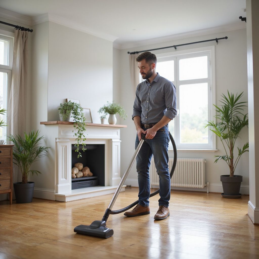 Man vacuuming a light wood floor in a bright, modern living room with plants.