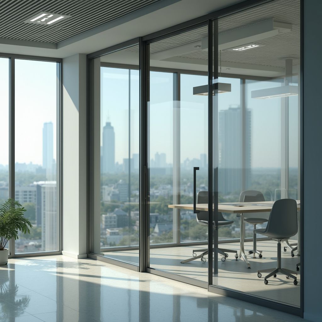 Modern office with glass walls, cityscape view, a meeting room with chairs and table.