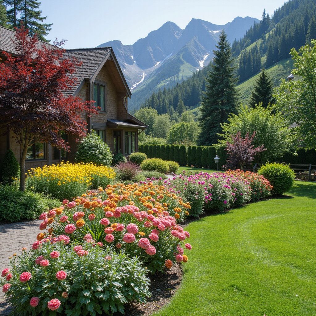 Lush garden with colorful flowers in front of a house with mountains in the background.