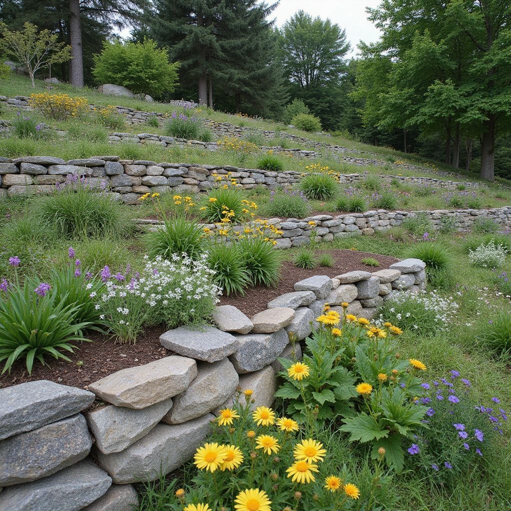 Stone-terraced hillside garden with colorful wildflowers and greenery.