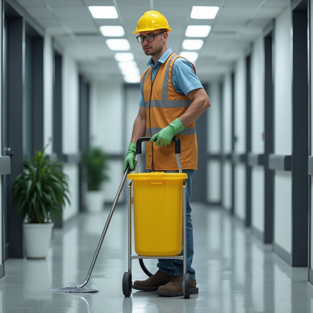 Custodian mopping a clean hallway, wearing safety vest, hard hat, and gloves.
