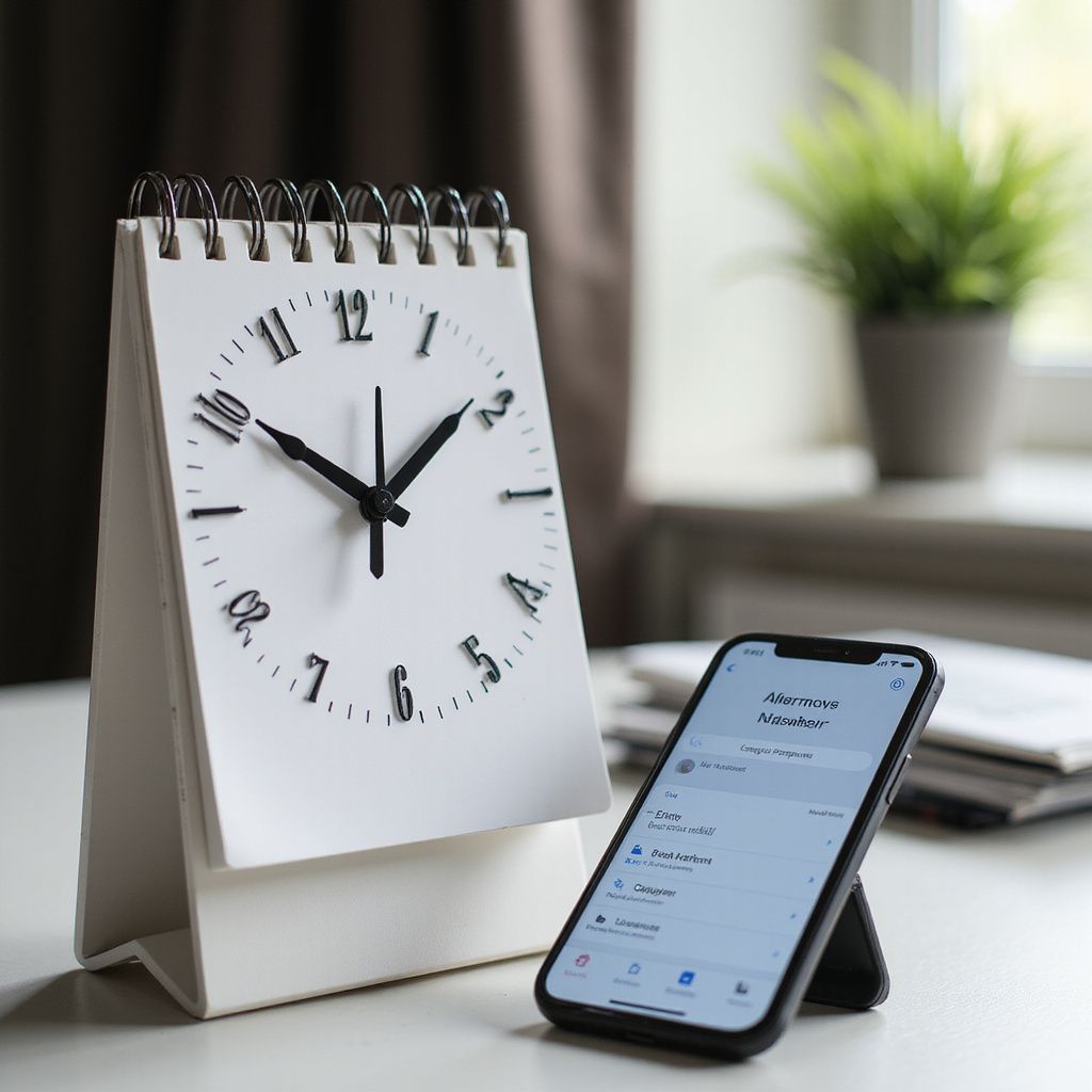 A desk with a clock, a smartphone, and a small potted plant. The clock shows 10:08.