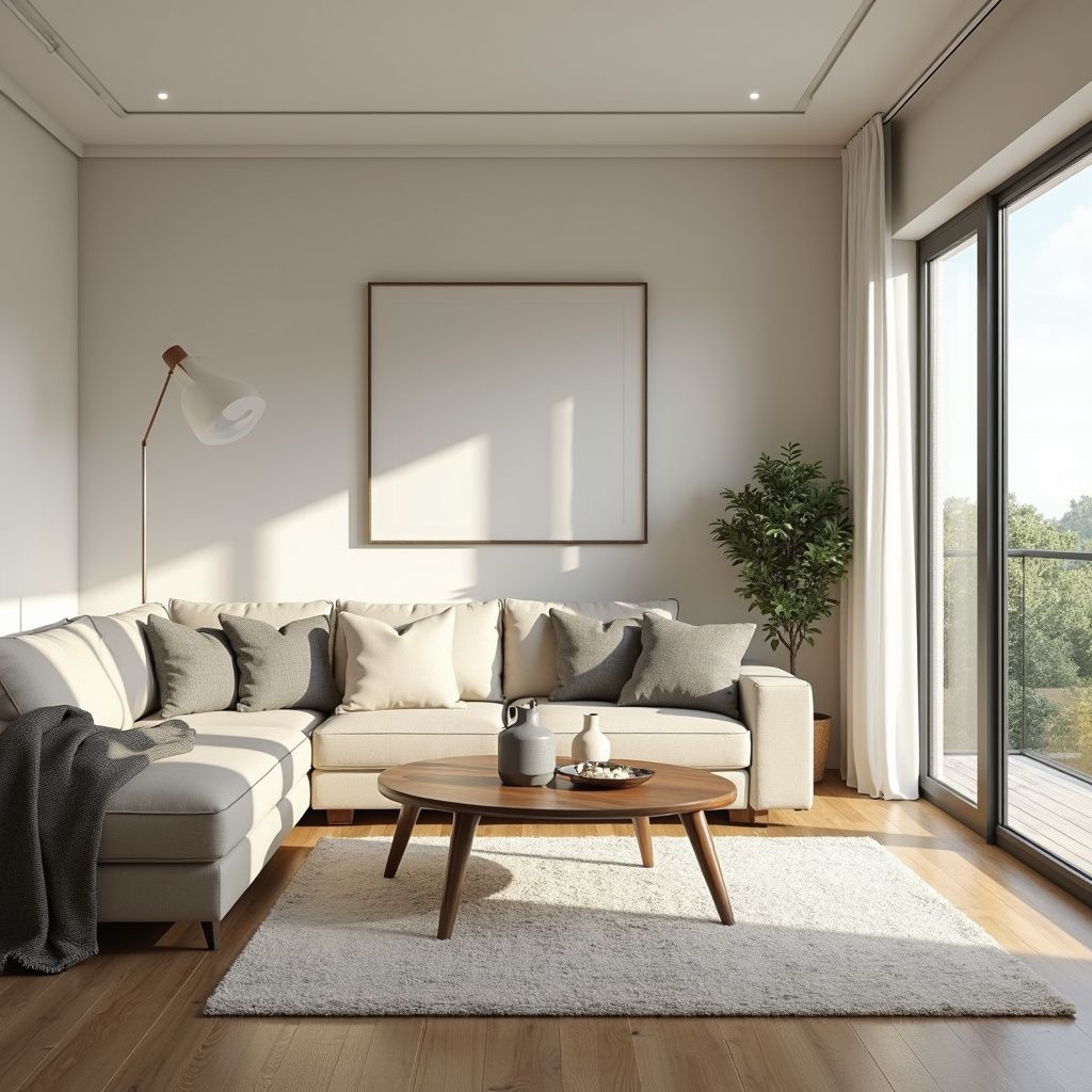 Cozy living room with beige sectional sofa, wooden coffee table, large window, and blank artwork.