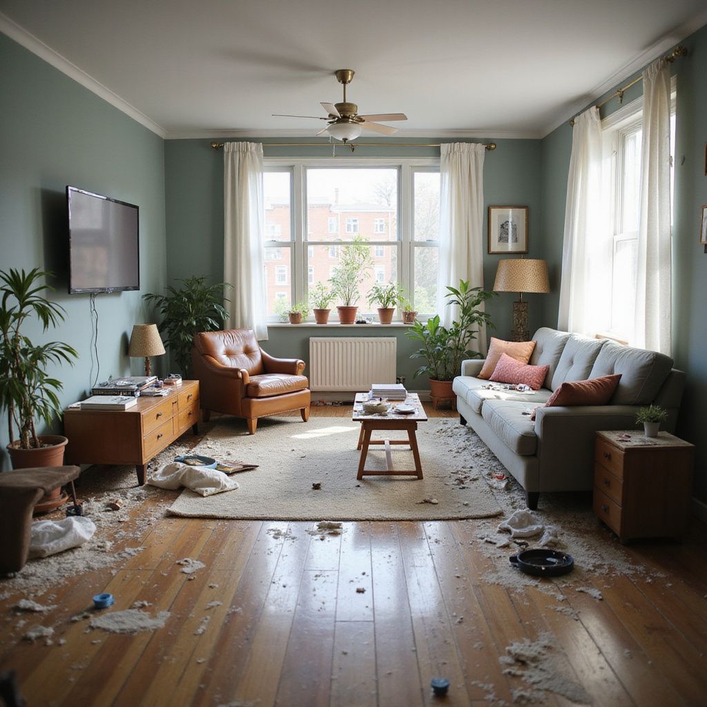 A messy living room with debris scattered on the floor, sofa, and furniture.