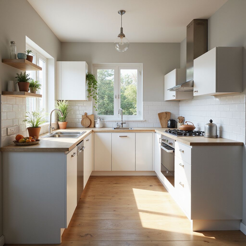 U-shaped white kitchen with wooden countertops, stainless steel appliances, and natural light.