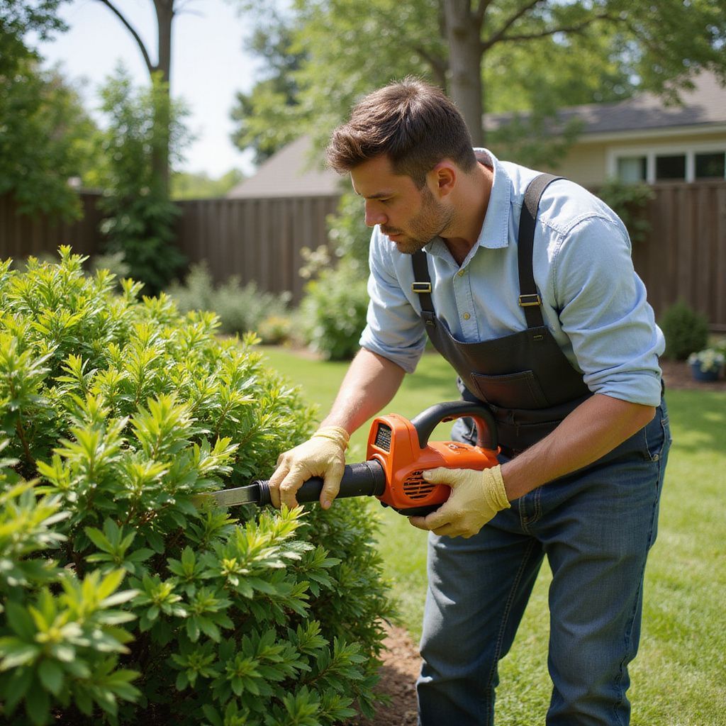 Man trimming a hedge with an orange electric trimmer outdoors on a sunny day.