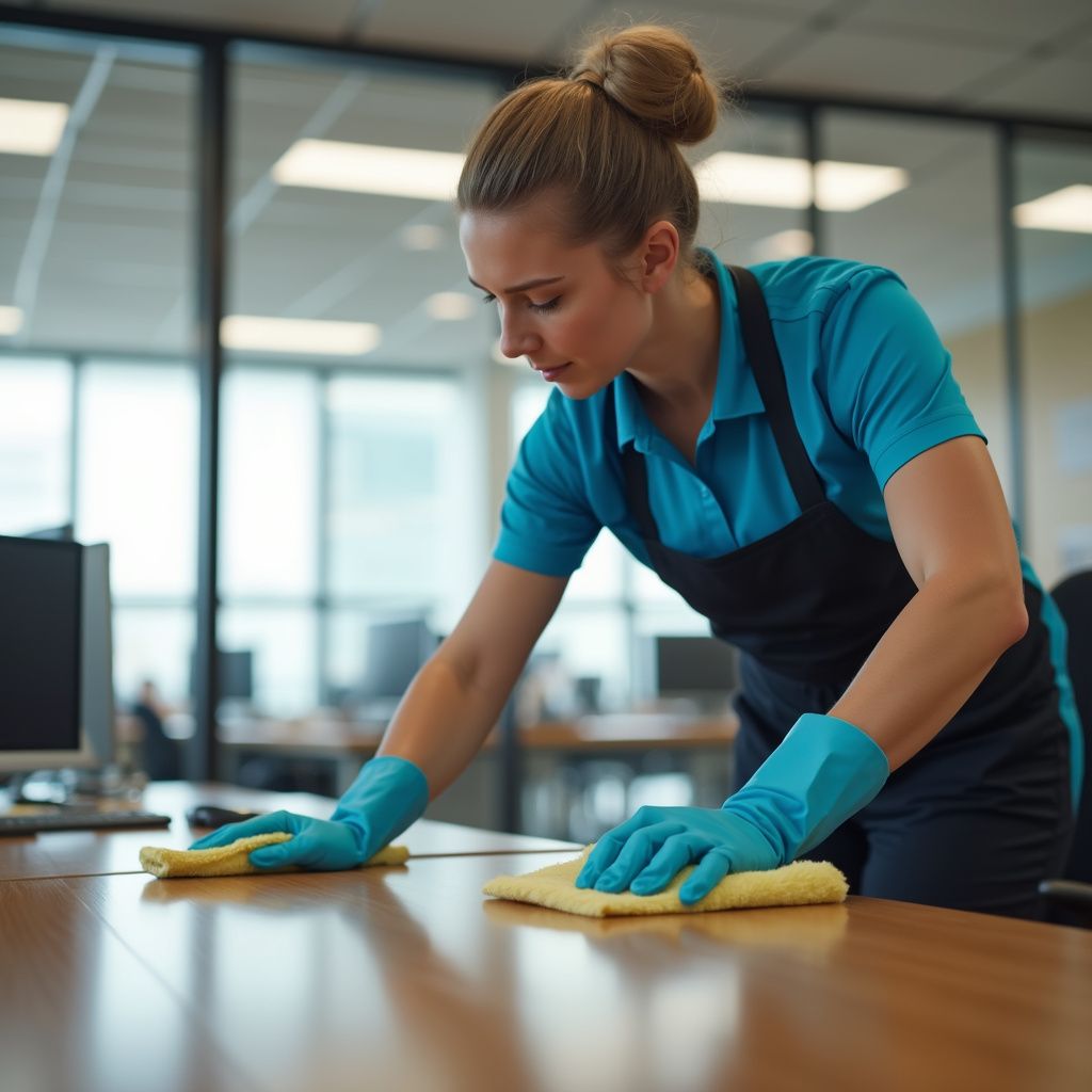 Woman in blue cleaning office desk with yellow cloth, wearing gloves.