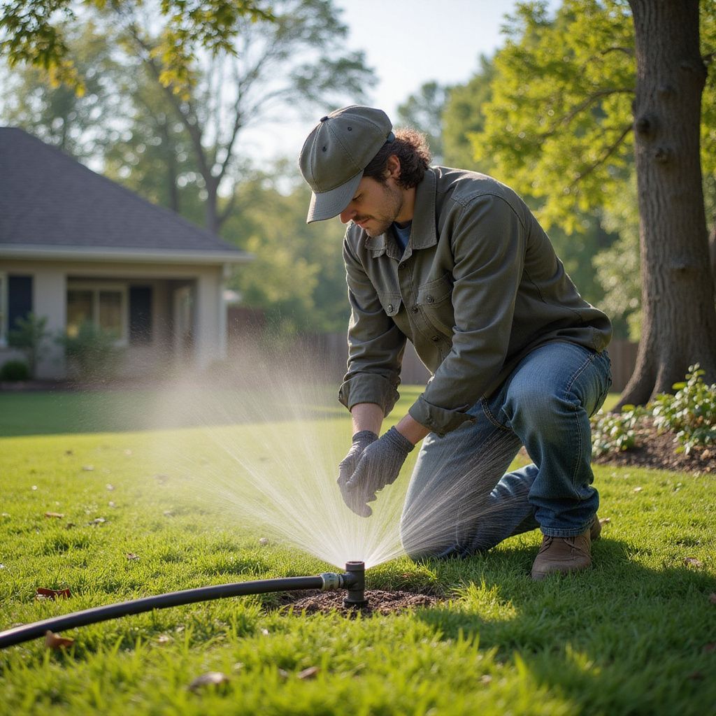 Man in cap and gloves kneeling over a sprinkler, adjusting it on a green lawn in front of a house.