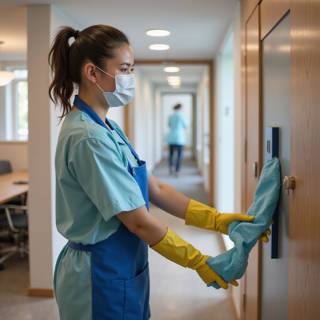 Person in scrubs, mask, and gloves wiping a door handle in a hallway.