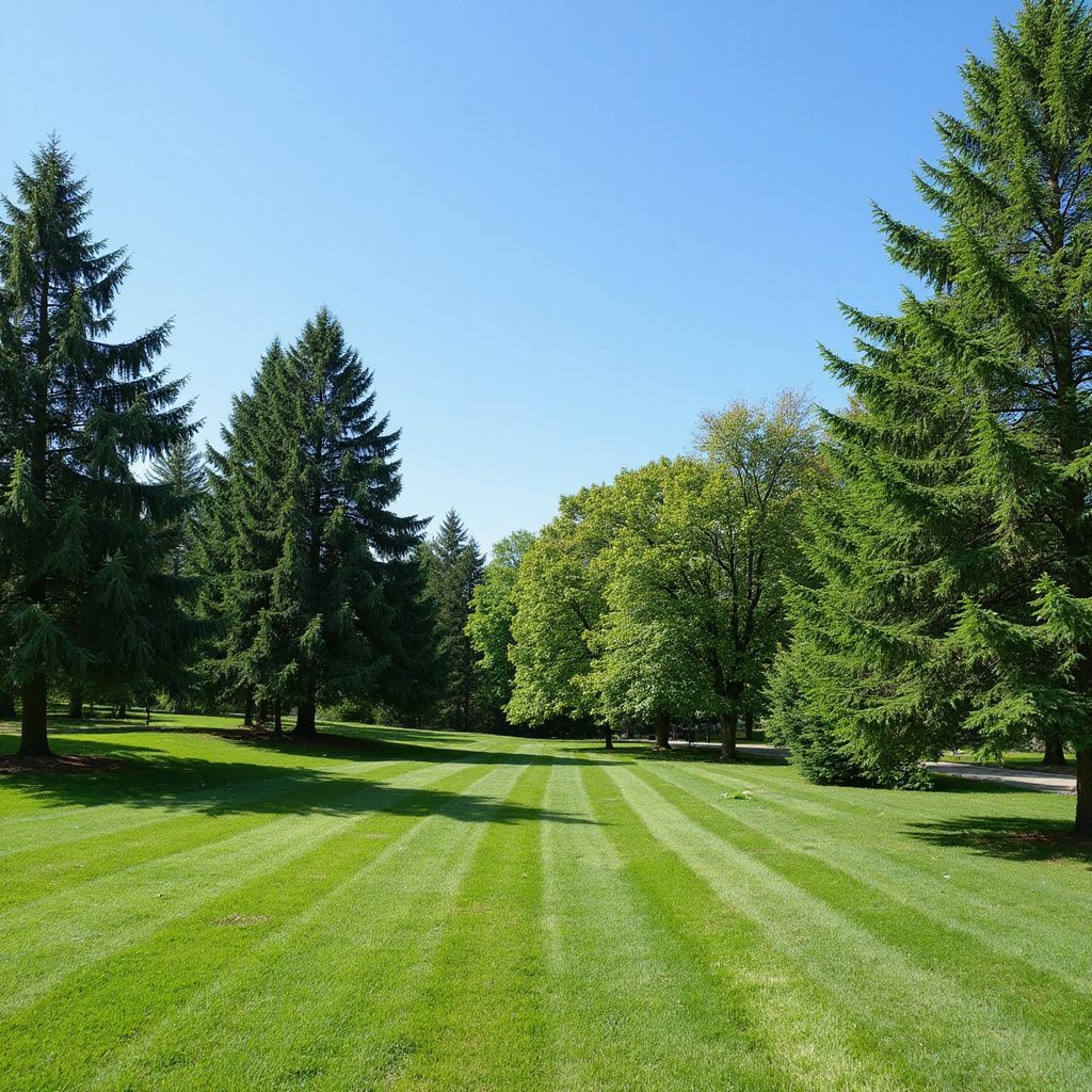 Lush green lawn with striped mowing pattern under a blue sky, surrounded by tall evergreen and deciduous trees.