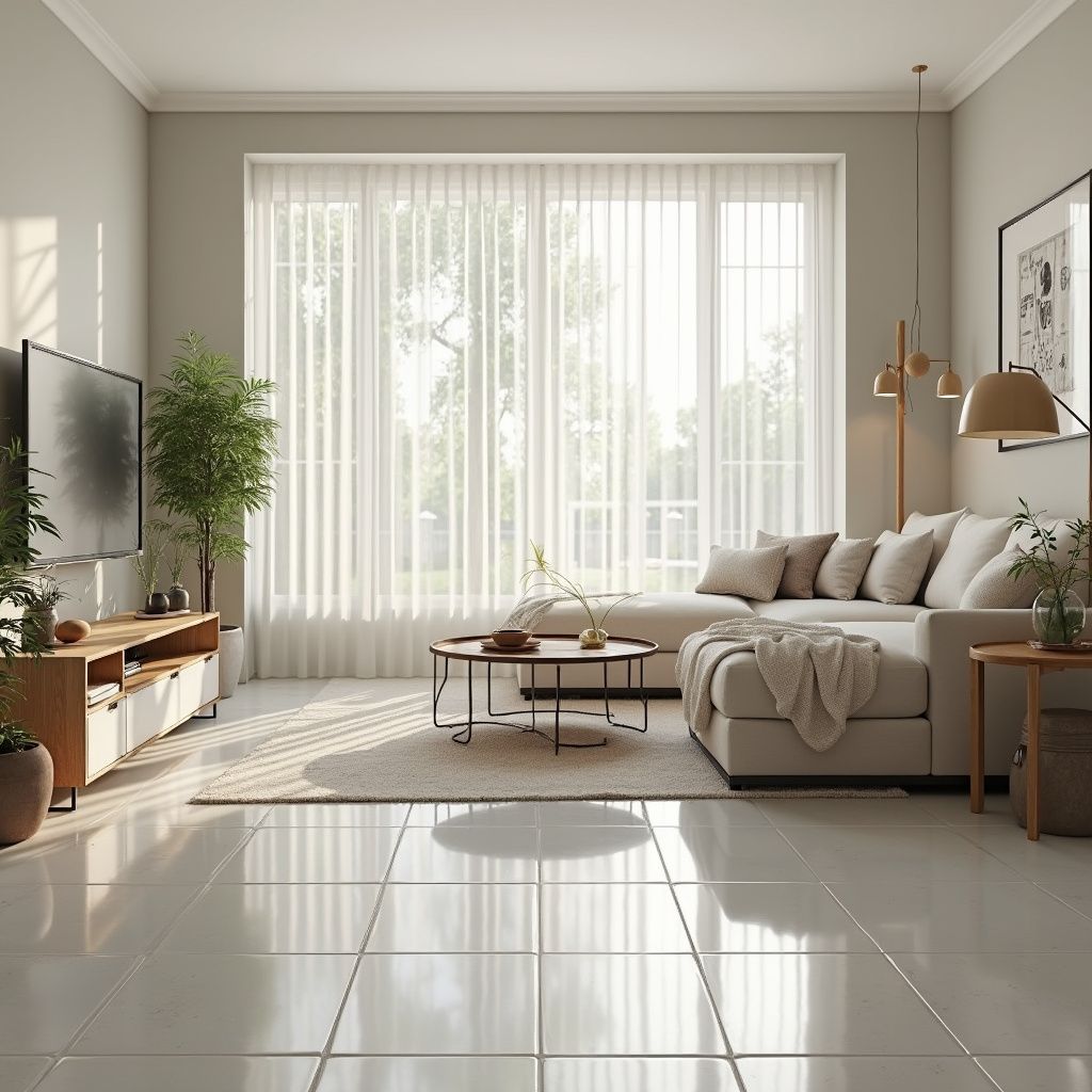 Living room with neutral tones, large window, sectional sofa, TV, and plants.