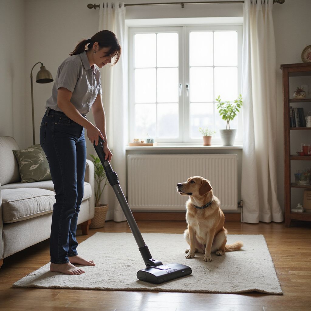 Woman vacuuming rug while a dog watches in a brightly lit living room.