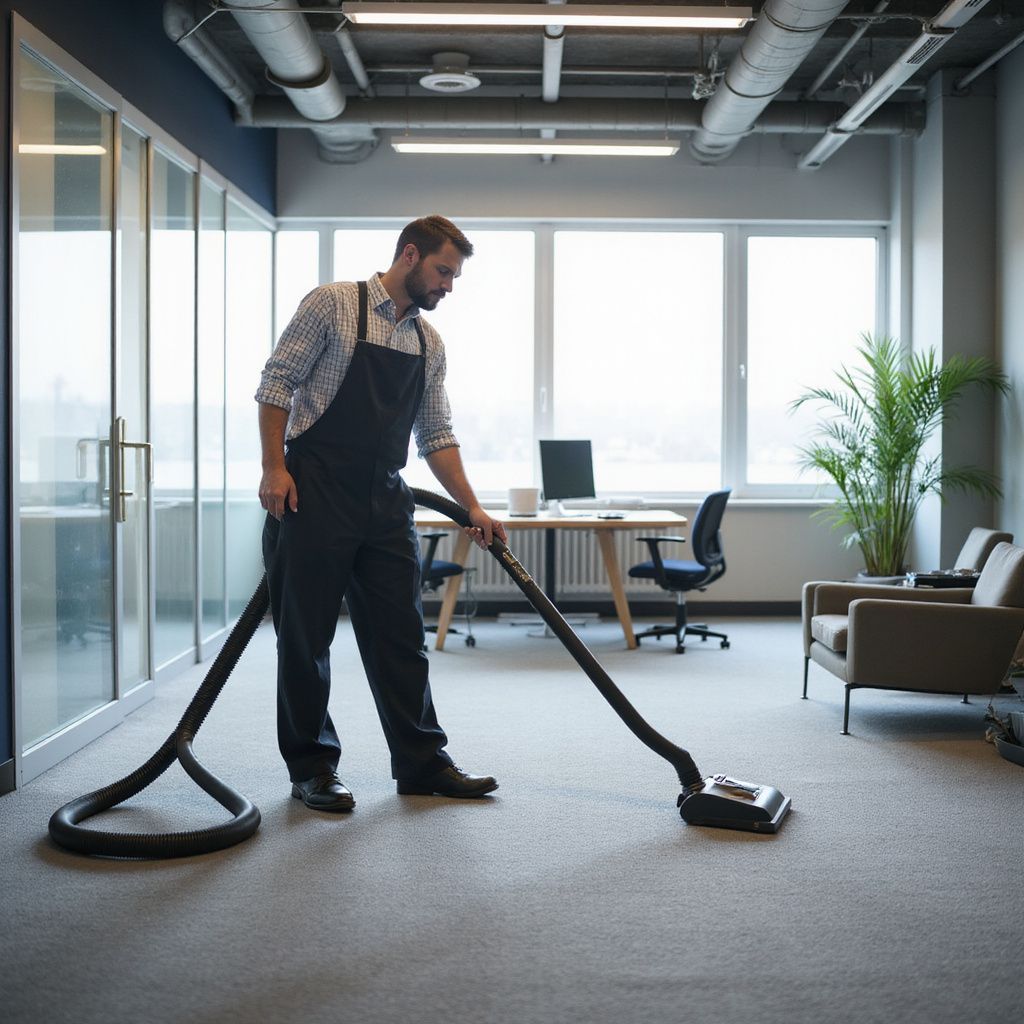 A man vacuuming carpet in an office. He wears overalls and is focused on his task.