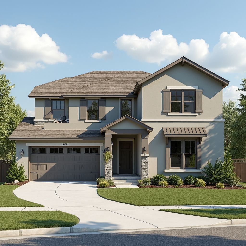 Two-story beige house with a curved driveway, gray roof, and shutters, set on a grassy lawn.